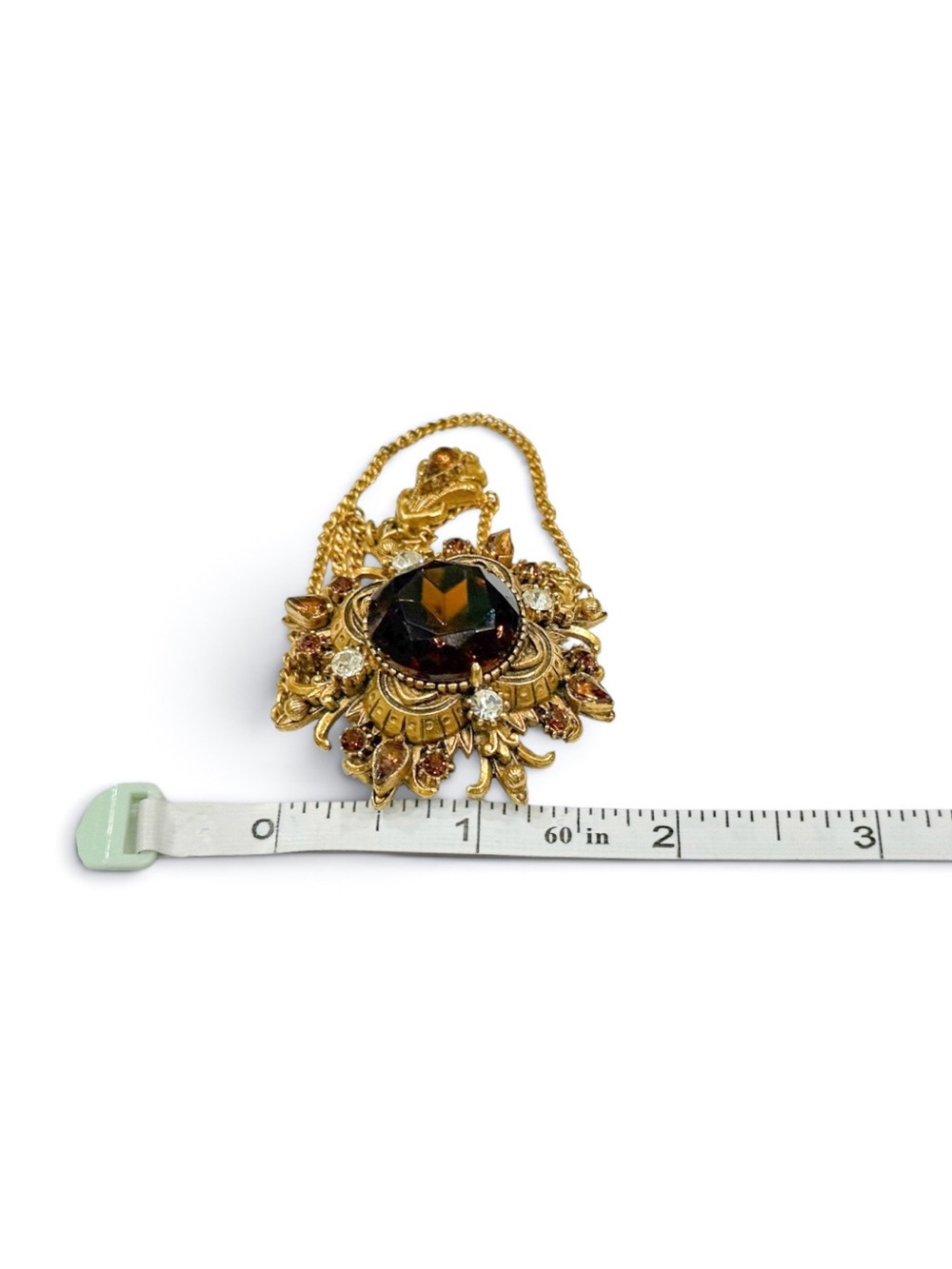 Vintage Florenza Gold-Tone Brown Crystal Brooch with Chain Drapes - Picture 16 of 16